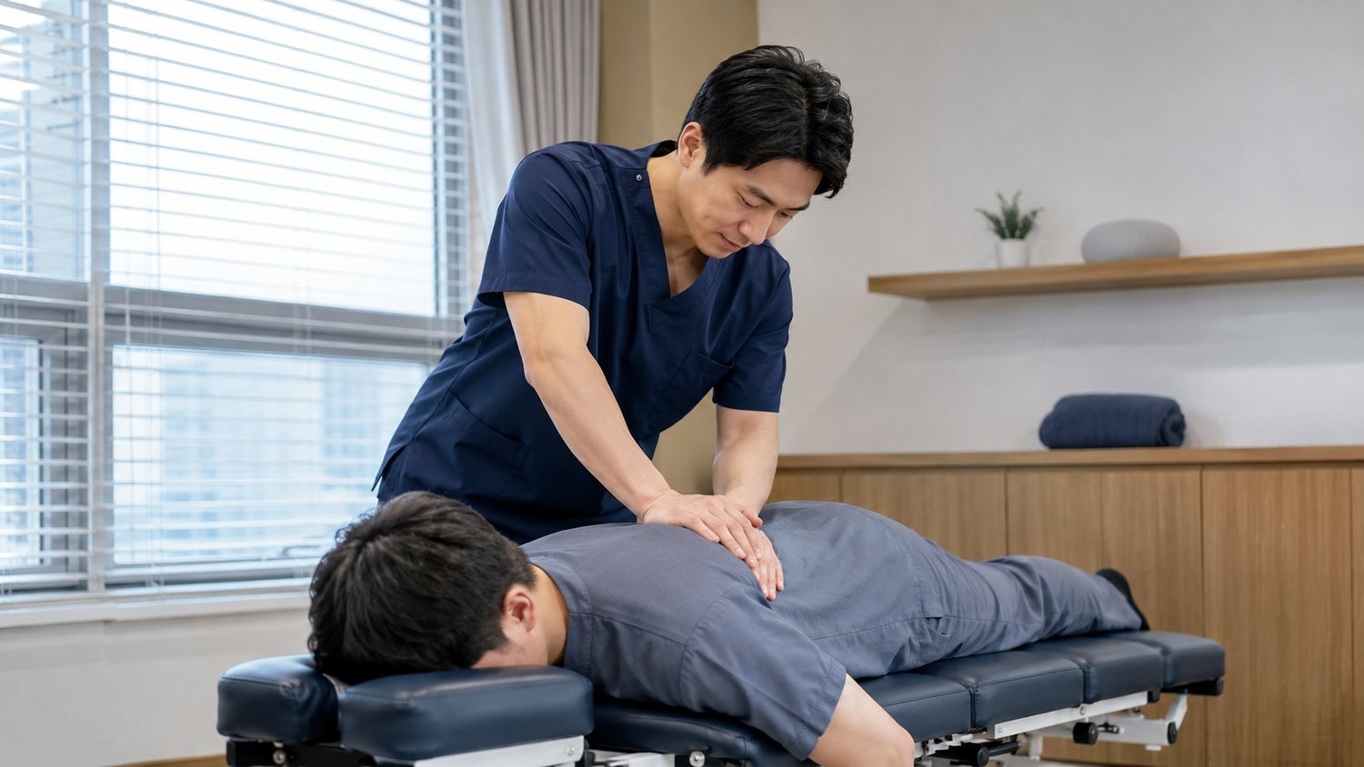 치료실에서 허리 주변 치료를 진행하는 장면