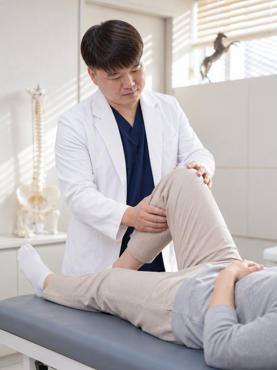 원장이 누운 환자의 무릎을 굽혔다 펴며 상태를 확인하는 장면