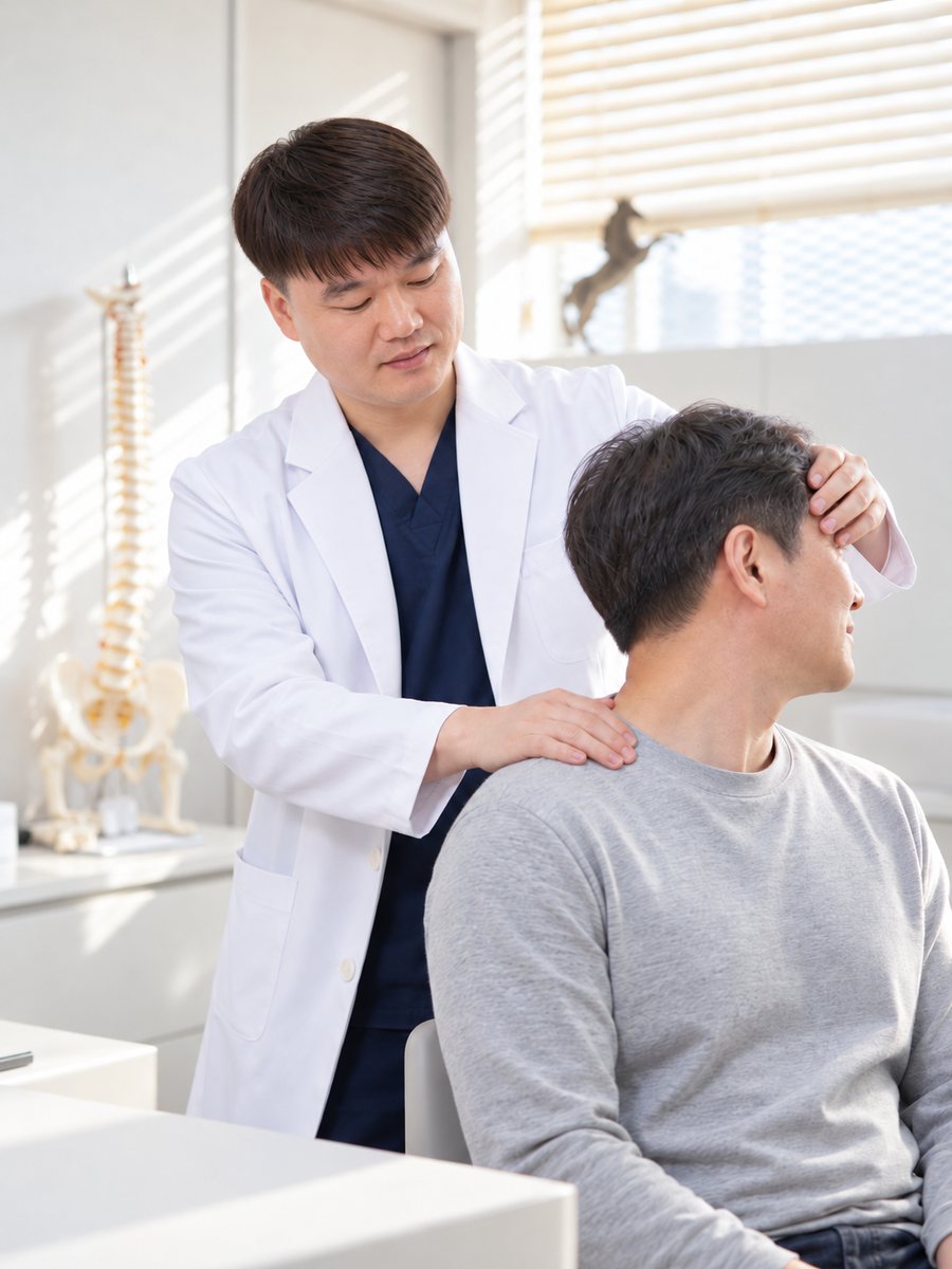 원장이 환자의 목을 천천히 돌려보며 움직임과 통증을 확인하는 장면