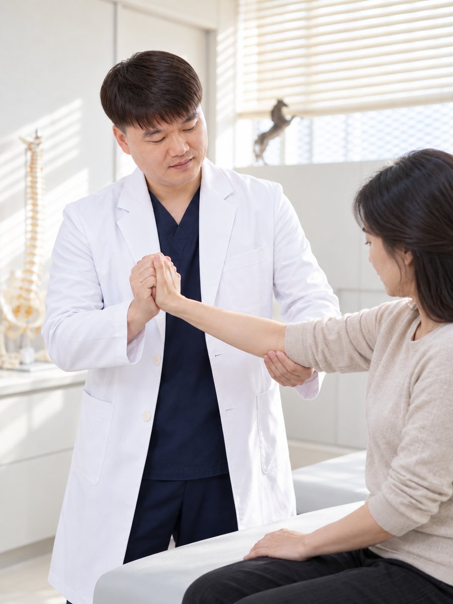 원장이 환자의 팔 근력을 확인하는 신경학적 진찰 장면
