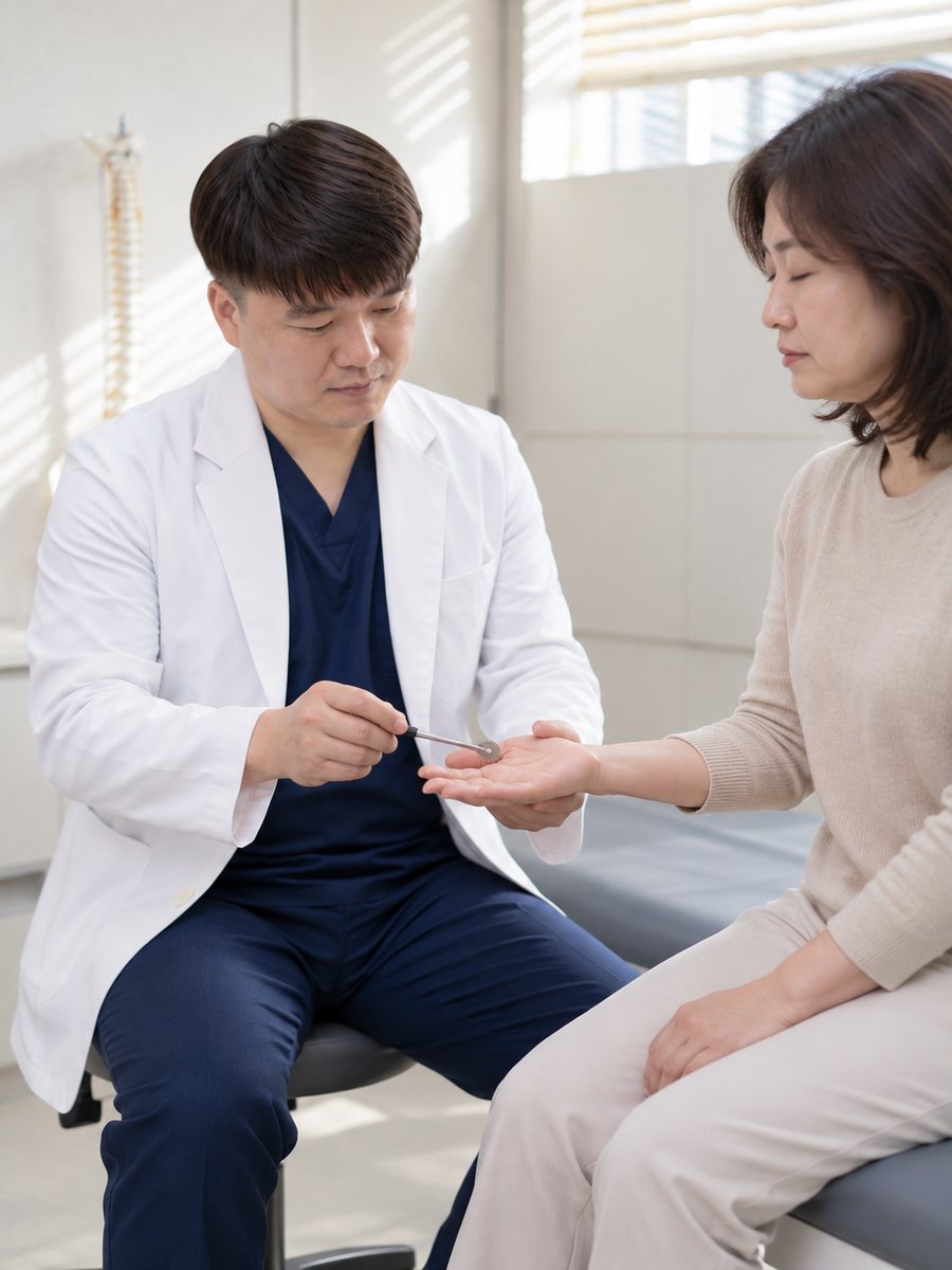 원장이 환자의 손바닥 감각을 확인하는 감각 검사 장면