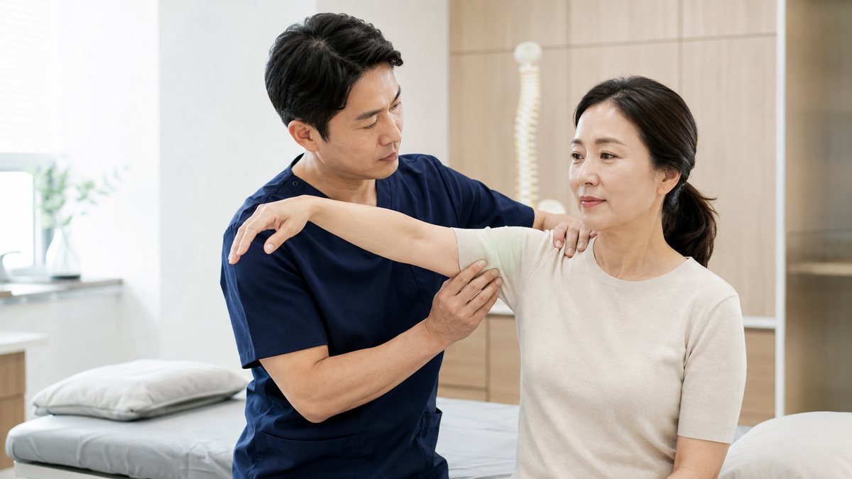 환자의 팔을 들어보며 어깨 움직임을 확인하는 진찰 장면