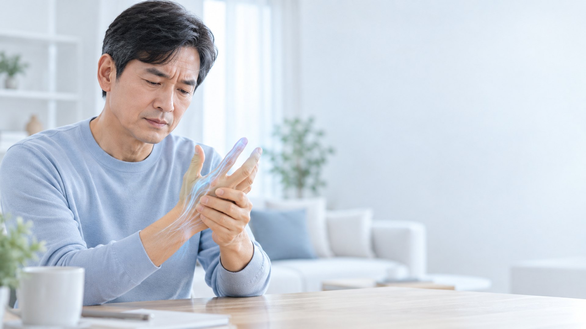 책상 앞에서 저린 손을 주무르며 손끝 감각을 살피는 중년 남성