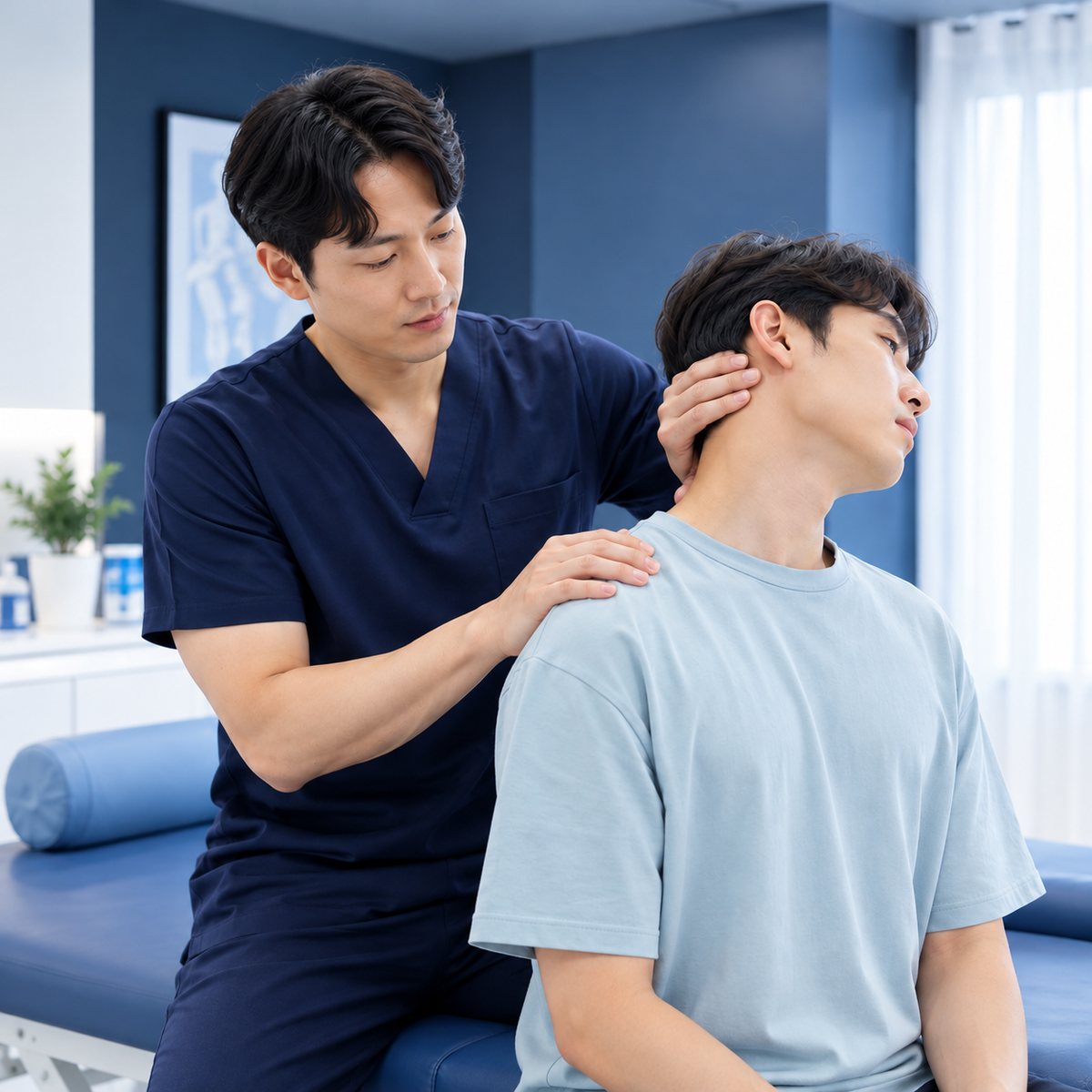 치료 전에는 통증 위치와<br>움직임을 먼저 확인합니다.