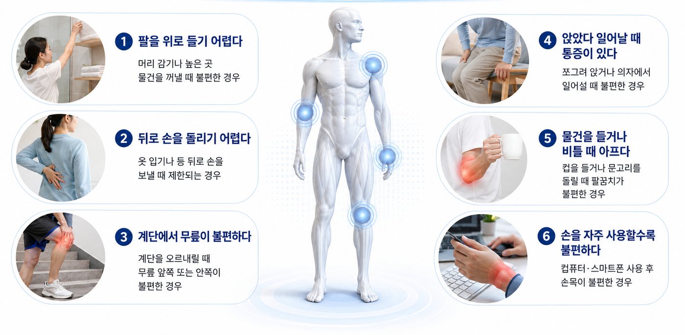 어깨, 무릎, 팔꿈치, 손목의 대표 증상을 표시한 인체 인포그래픽