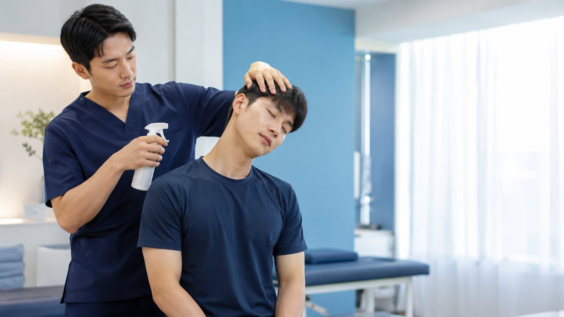 치료실에서 어깨 움직임을 확인하는 모습
