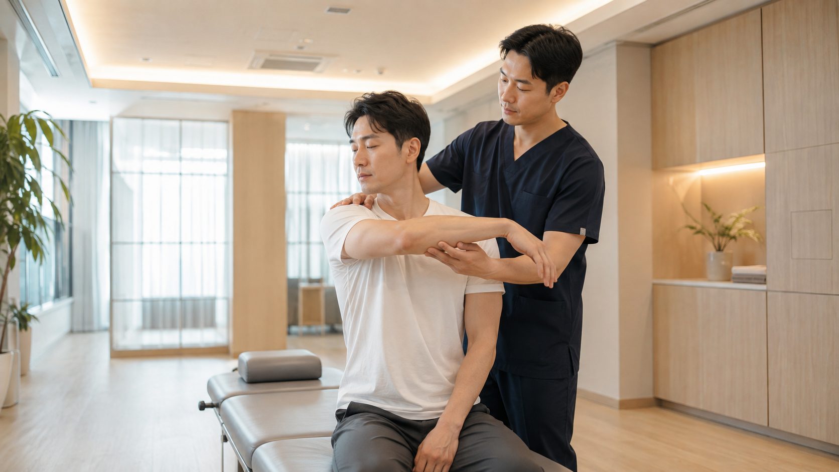 밝고 정돈된 치료 공간에서 환자의 움직임을 살펴보는 모습